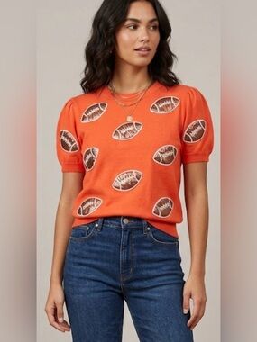 Ring Street Orange Football Motif Sequin Short-Sleeve Knit Top